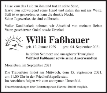 Traueranzeige von Willi Faßhauer  von Magdeburger Volksstimme