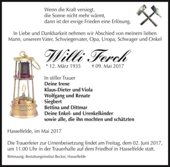 Traueranzeige von Willi Ferch  von Magdeburger Volksstimme
