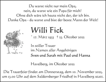 Traueranzeige von Willi Fick  von Magdeburger Volksstimme