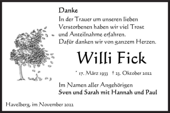 Traueranzeige von Willi Fick  von Magdeburger Volksstimme