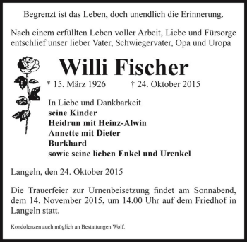 Traueranzeige von Willi Fischer  von Magdeburger Volksstimme