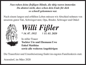 Traueranzeige von Willi Fißler  von Magdeburger Volksstimme