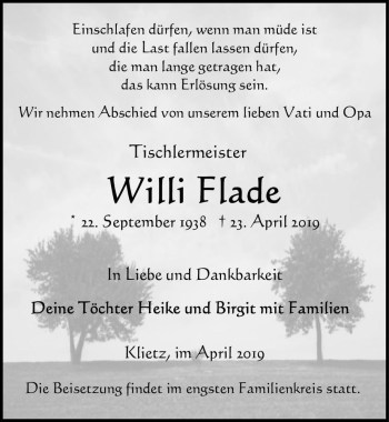 Traueranzeige von Willi Flade  von Magdeburger Volksstimme