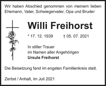 Traueranzeige von Willi Freihorst  von Magdeburger Volksstimme