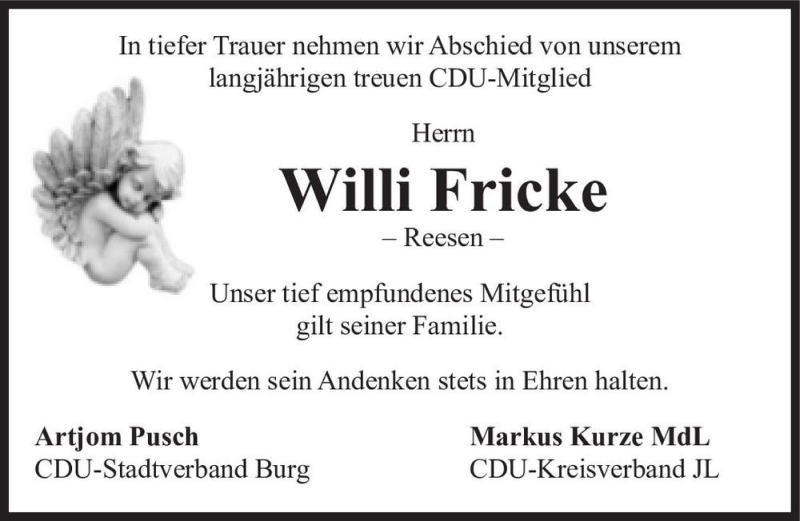  Traueranzeige für Willi Fricke 