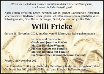 Traueranzeige von Willi Fricke  von Magdeburger Volksstimme