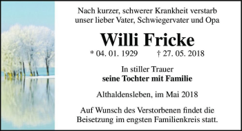 Traueranzeige von Willi Fricke  von Magdeburger Volksstimme