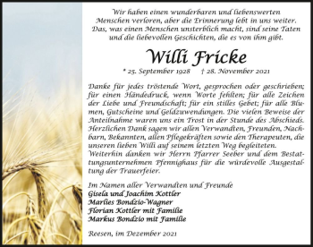 Traueranzeige von Willi Fricke  von Magdeburger Volksstimme