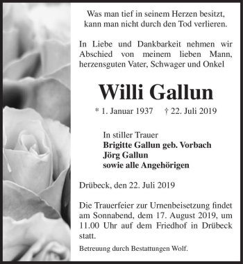 Traueranzeige von Willi Gallun  von Magdeburger Volksstimme