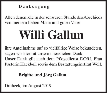 Traueranzeige von Willi Gallun  von Magdeburger Volksstimme