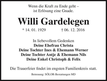 Traueranzeige von Willi Gardelegen  von Magdeburger Volksstimme