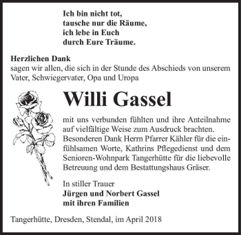 Traueranzeige von Willi Gassel  von Magdeburger Volksstimme