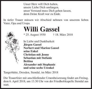 Traueranzeige von Willi Gassel  von Magdeburger Volksstimme