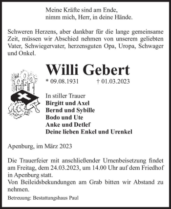 Traueranzeige von Willi Gebert  von Magdeburger Volksstimme