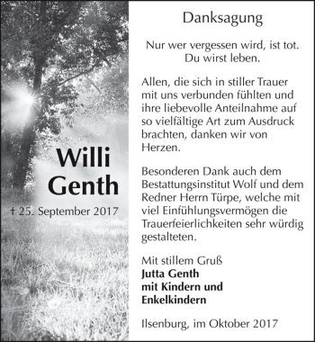 Traueranzeige von Willi Genth  von Magdeburger Volksstimme