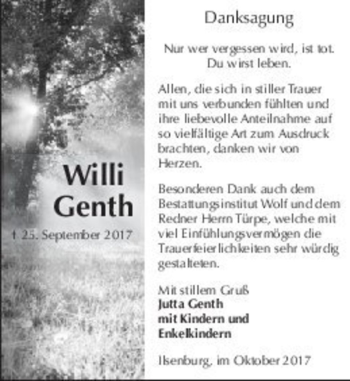 Traueranzeige von Willi Genth  von Magdeburger Volksstimme