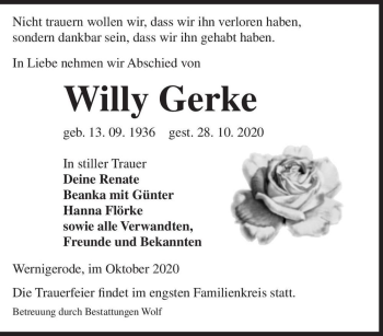 Traueranzeige von Willi Gerke  von Magdeburger Volksstimme