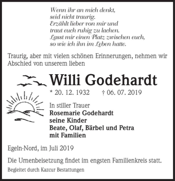 Traueranzeige von Willi Godehardt  von Magdeburger Volksstimme
