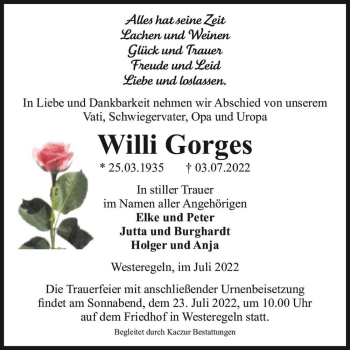 Traueranzeige von Willi Gorges  von Magdeburger Volksstimme