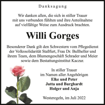 Traueranzeige von Willi Gorges  von Magdeburger Volksstimme
