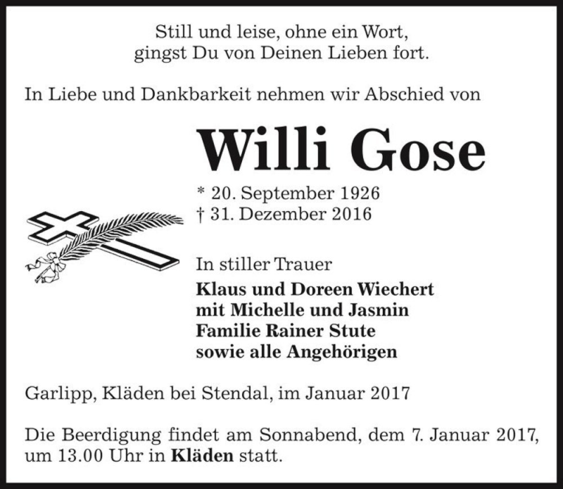  Traueranzeige für Willi Gose  vom 03.01.2017 aus Magdeburger Volksstimme