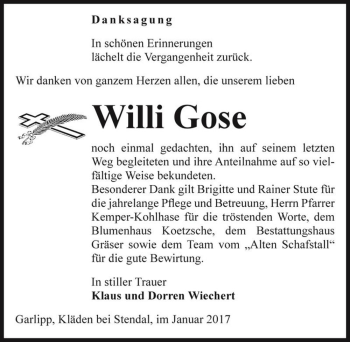 Traueranzeige von Willi Gose  von Magdeburger Volksstimme