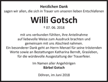 Traueranzeige von Willi Gotsch  von Magdeburger Volksstimme