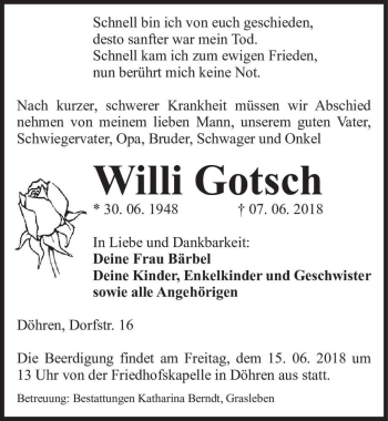 Traueranzeige von Willi Gotsch  von Magdeburger Volksstimme