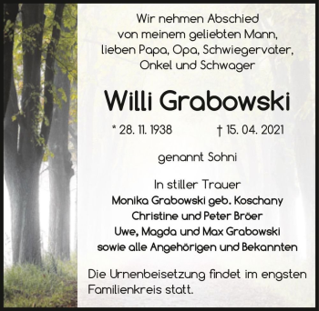 Traueranzeige von Willi Grabowski  von Magdeburger Volksstimme