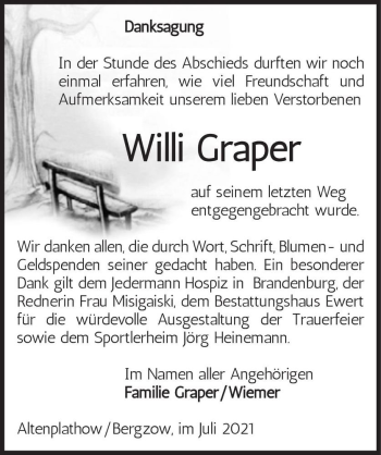Traueranzeige von Willi Graper  von Magdeburger Volksstimme