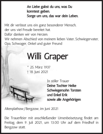 Traueranzeige von Willi Graper  von Magdeburger Volksstimme