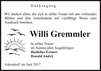 Traueranzeige von Willi Gremmler  von Magdeburger Volksstimme