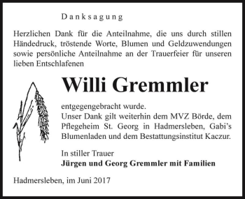 Traueranzeige von Willi Gremmler  von Magdeburger Volksstimme