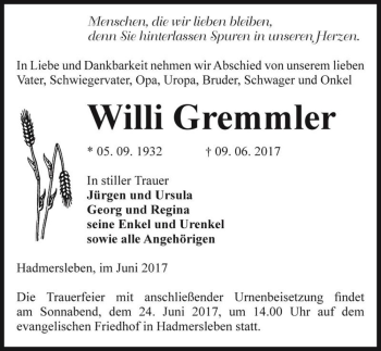 Traueranzeige von Willi Gremmler  von Magdeburger Volksstimme
