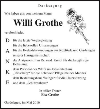 Traueranzeige von Willi Grothe  von Magdeburger Volksstimme