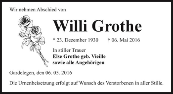 Traueranzeige von Willi Grothe  von Magdeburger Volksstimme
