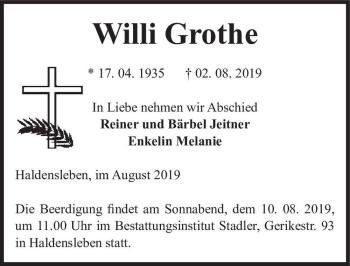 Traueranzeige von Willi Grothe  von Magdeburger Volksstimme