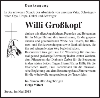 Traueranzeige von Willi Großkopf  von Magdeburger Volksstimme