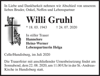 Traueranzeige von Willi Gruhl  von Magdeburger Volksstimme