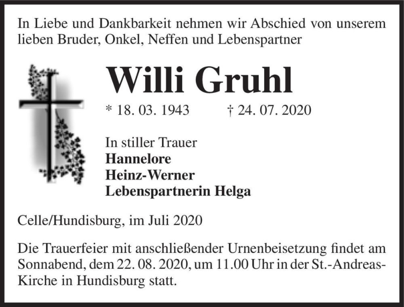  Traueranzeige für Willi Gruhl  vom 01.08.2020 aus Magdeburger Volksstimme