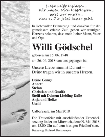 Traueranzeige von Willi Gödschel  von Magdeburger Volksstimme
