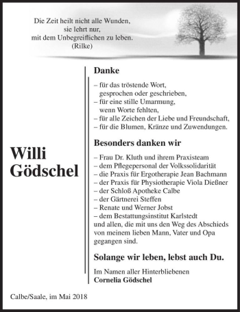 Traueranzeige von Willi Gödschel  von Magdeburger Volksstimme