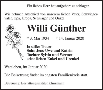 Traueranzeige von Willi Günther  von Magdeburger Volksstimme