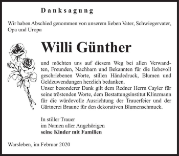 Traueranzeige von Willi Günther  von Magdeburger Volksstimme