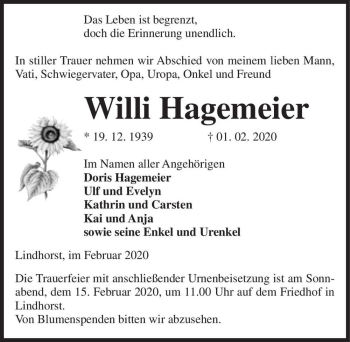 Traueranzeige von Willi Hagemeier  von Magdeburger Volksstimme