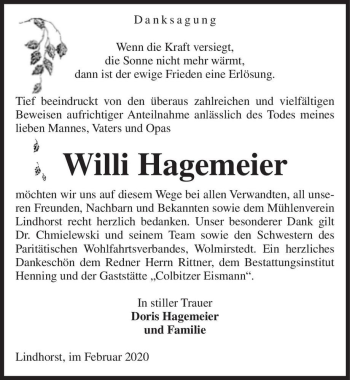 Traueranzeige von Willi Hagemeier  von Magdeburger Volksstimme