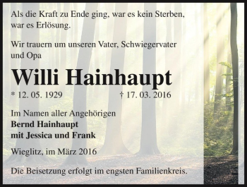 Traueranzeige von Willi Hainhaupt  von Magdeburger Volksstimme