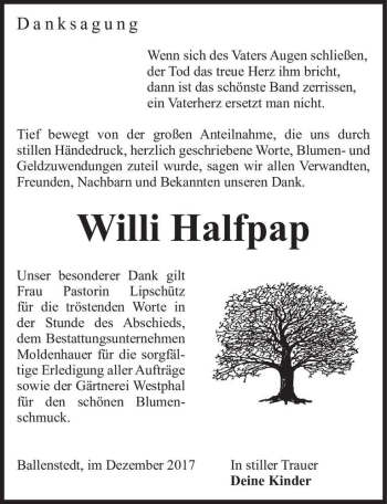 Traueranzeige von Willi Halfpap  von Magdeburger Volksstimme