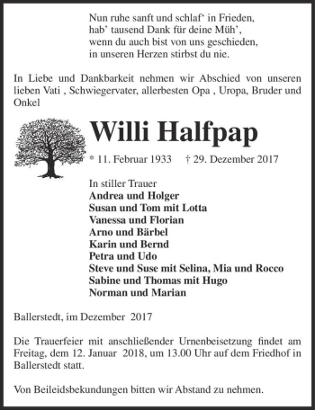 Traueranzeige von Willi Halfpap  von Magdeburger Volksstimme
