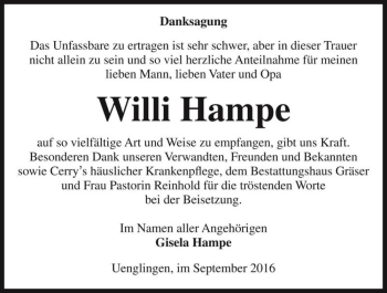 Traueranzeige von Willi Hampe  von Magdeburger Volksstimme